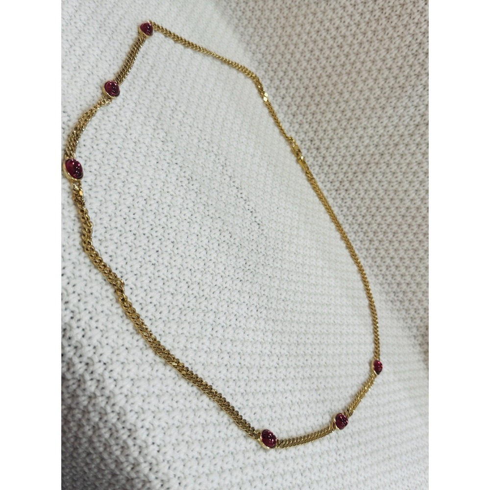 Gold Tone 28" Red Pink Cabochon Station Curb Chain Necklace